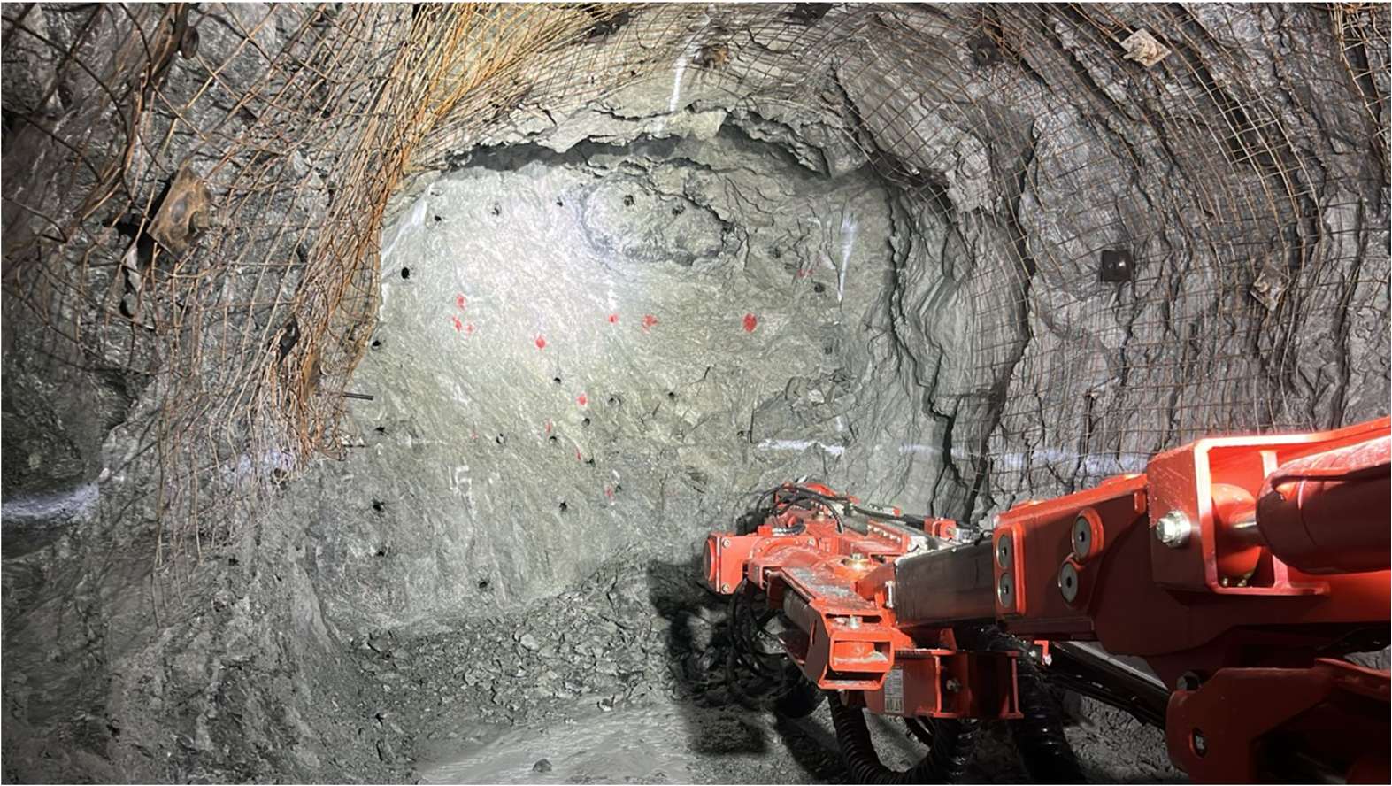Drill working at an underground face at the San Ramón gold mine